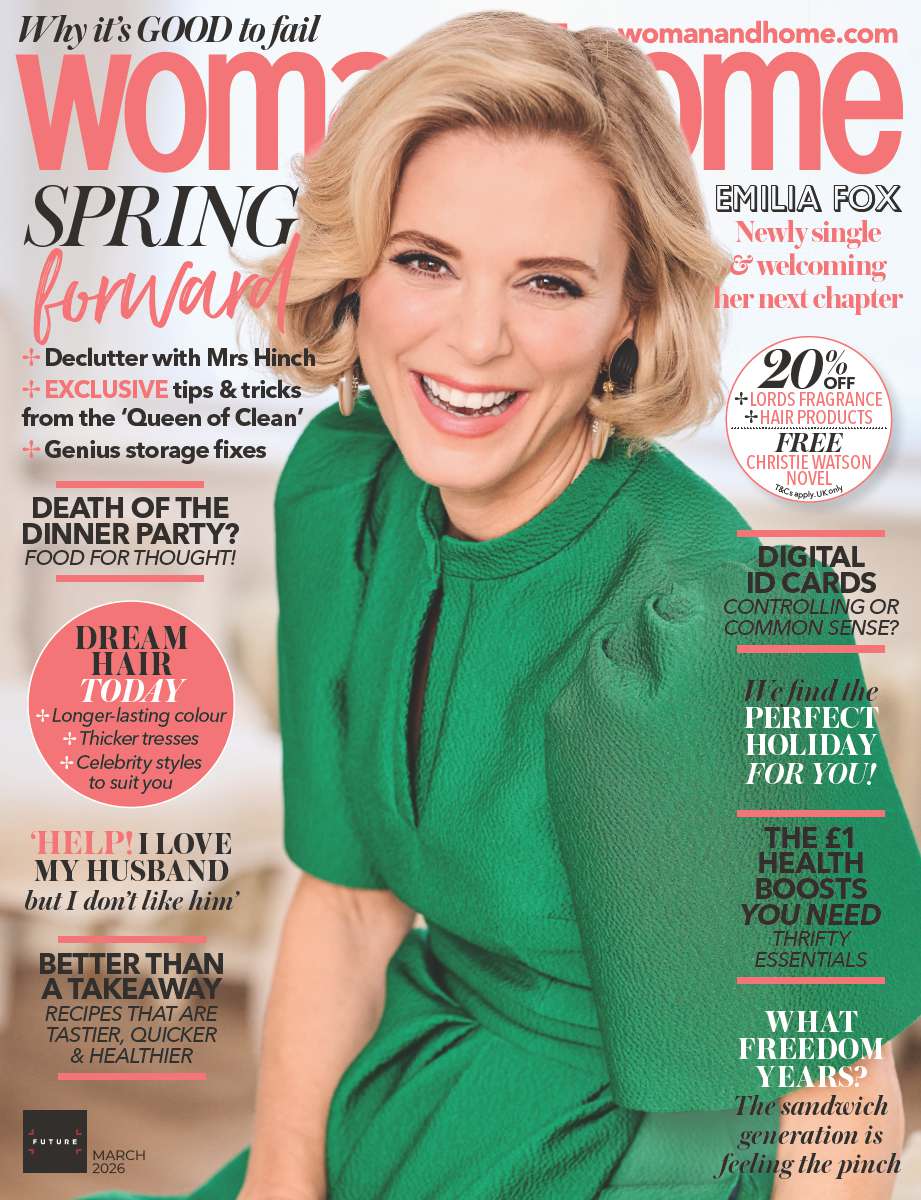 The front cover of the March 2026 issue of woman&amp;amp;home magazine, featuring actress Emilia Fox smiling in a green dress and gold earrings