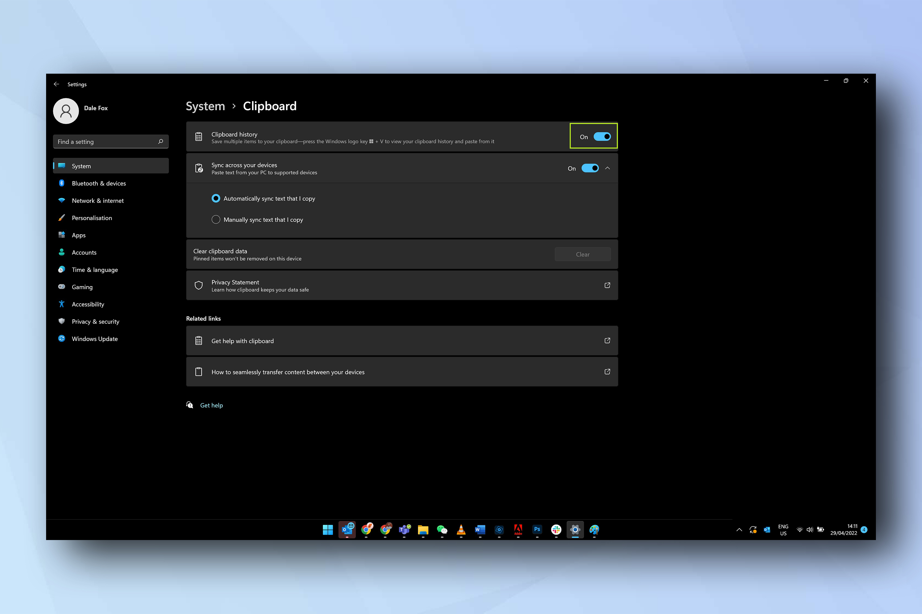 Windows 11 clipboard settings menu, showing how to enable clipboard history in Windows