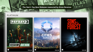 A shot from the Best of Steam 2023 page, with Top New Releases by Gross Revenue revealing Payday 3, Cities: Skylines II, and Sons of the Forest as the three most successful 2023 Steam releases.