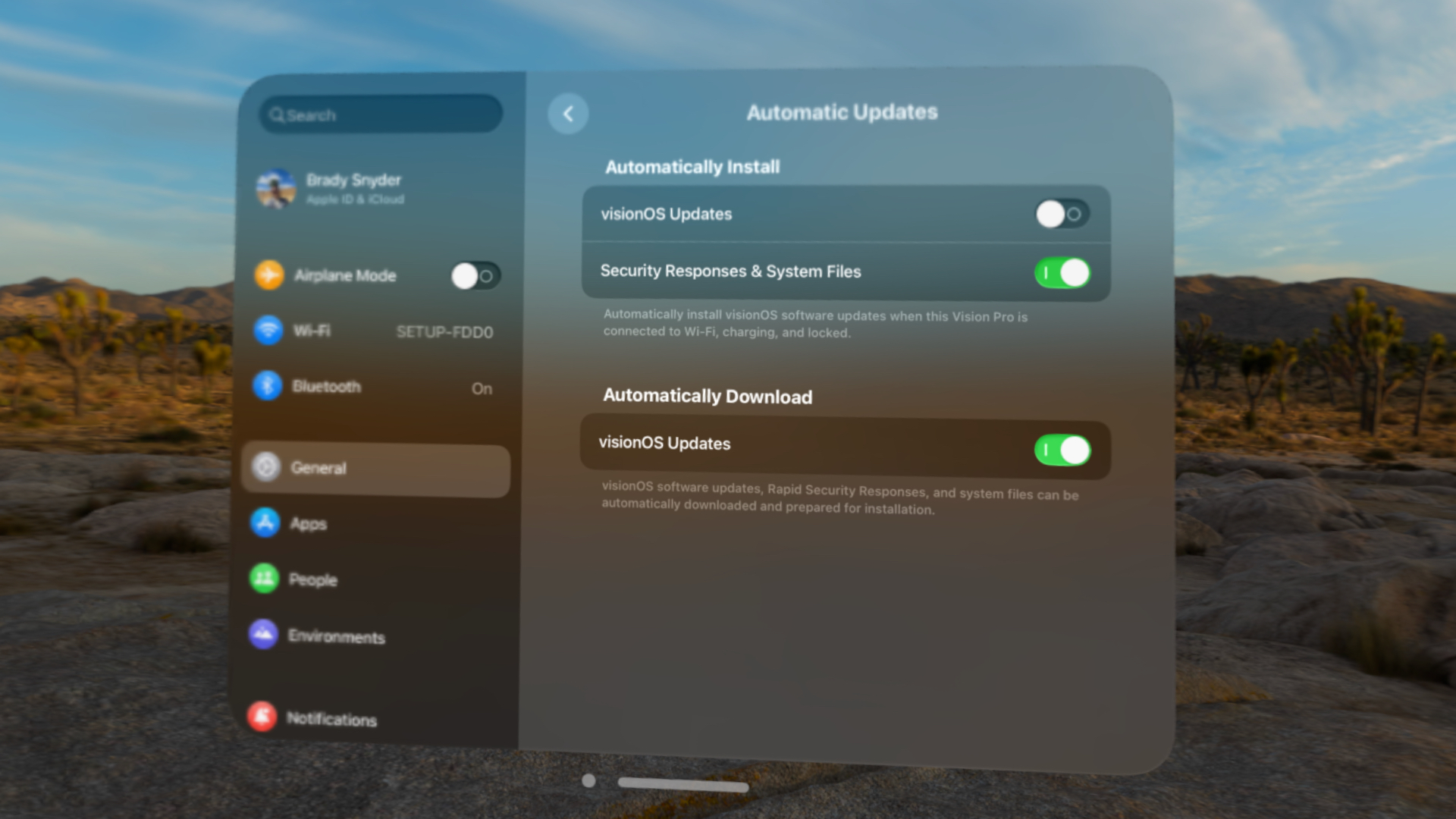 The Settings menu in visionOS for automatic updates.