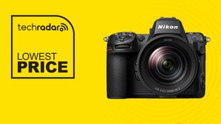 Nikon Z8 on yellow background with lowest price text overlay