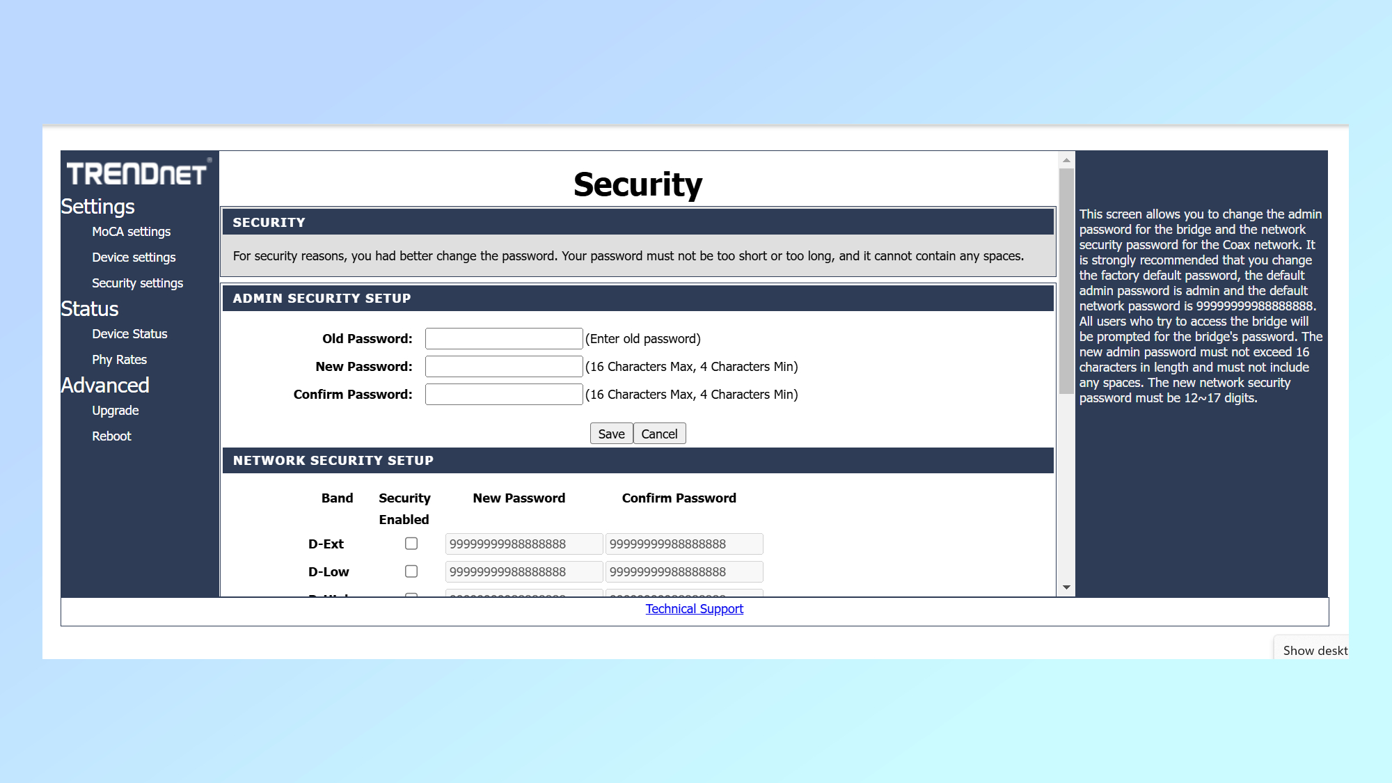 A screenshot of security settings on Moca Trendnet adapters