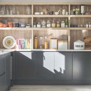 Grey kitchen with kitchen shelves