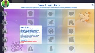 The small business perk options in The Sims 4 Businesses and Hobbies