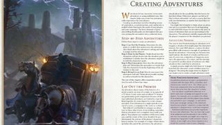 A spread with a moody gothic castle in the background and a horse-drawn carriage careening down the road, alongside a page of text detailing creating campaigns