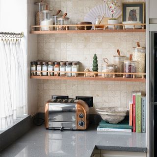 kitchen with wooden shelves and tiles