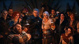 The Witcher 3 screenshot showing Geralt, Ciri, and the RPG's cast standing and smiling together while drinking