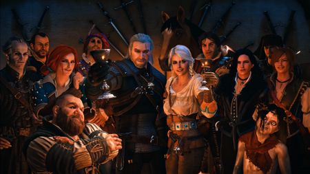 The Witcher 3 screenshot showing Geralt, Ciri, and the RPG's cast standing and smiling together while drinking