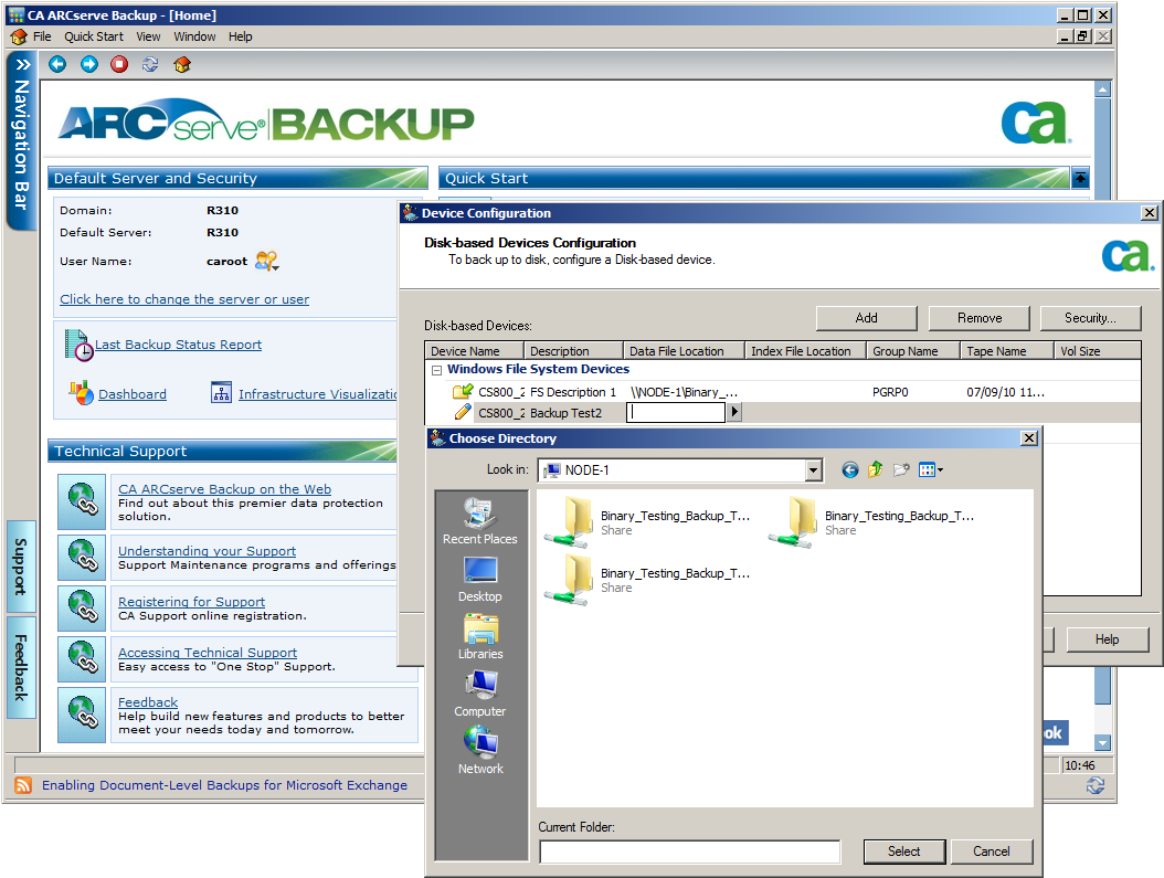Integrating the CS800 with CA ARCserve just required its NAS shares to be declared as disk based backup devices.