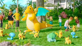 A field full of Pokémon, including Dragonite, Bulbasaur, and plenty of Pikachu as seen in Netflix's "Pokémon Concierge"