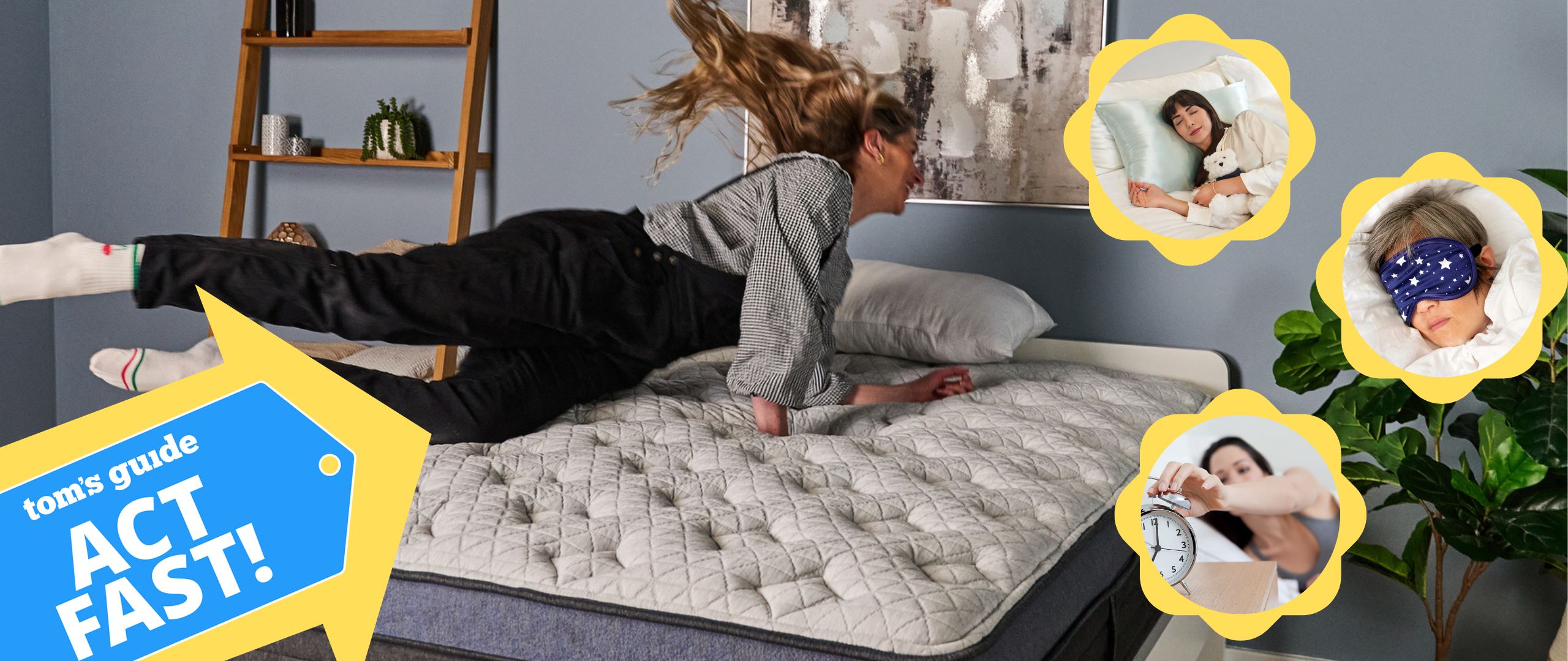The Tom's Guide Sleep Editor jumping on a mattress that's on sale for Labor Day