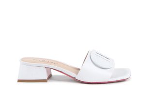 square heel white logo mule, white sandals