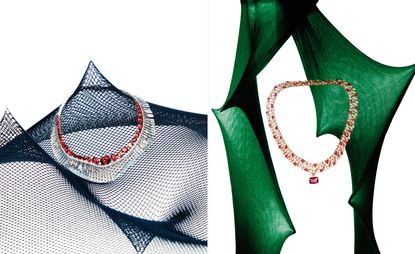 Left, ‘Escales’ necklace in white and rose gold, with diamonds, sapphires, Paraiba tourmalines and red spinels, price on request, by Chaumet. Right, necklace in pink gold with pigeon blood ruby, rubies and diamonds, price on request, by Bulgari. 