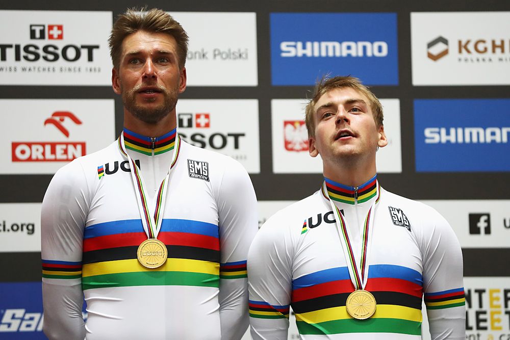 Roger Kluge and Theo Reinhardt of Germany celebrate winning the gold medal in the Men's Madison on day five of the UCI Track Cycling World Championships