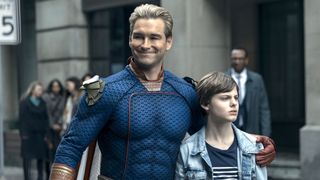 (L-R) Antony Starr as Homelander and Cameron Crovetti as Ryan Butcher in "The Boys."