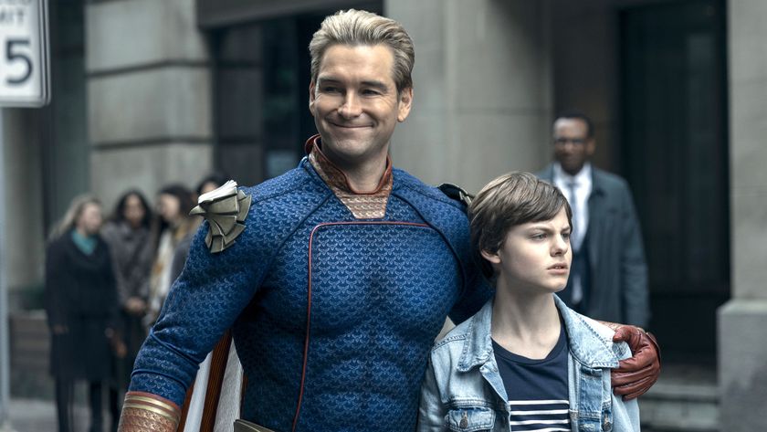 (L-R) Antony Starr as Homelander and Cameron Crovetti as Ryan Butcher in &quot;The Boys.&quot;