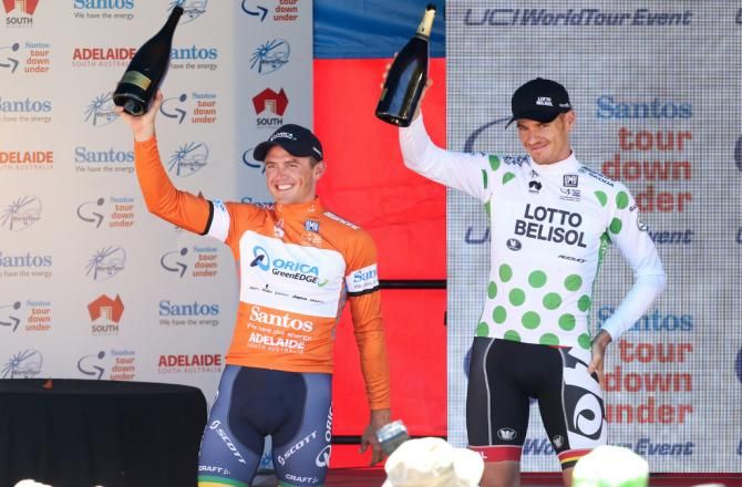 Simon Gerrans toasts ovearll success while Adam Hansen toasts his mountains classification win