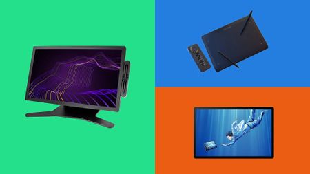 Three drawing tablets in a colour background