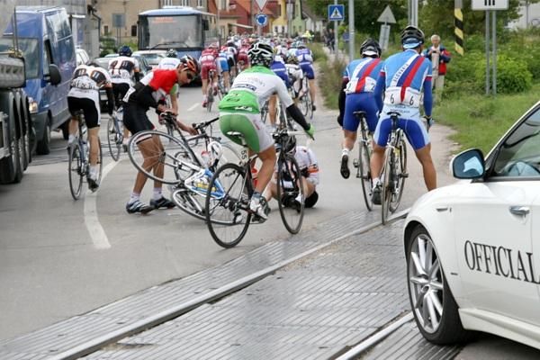Some riders get caught up in a crash.