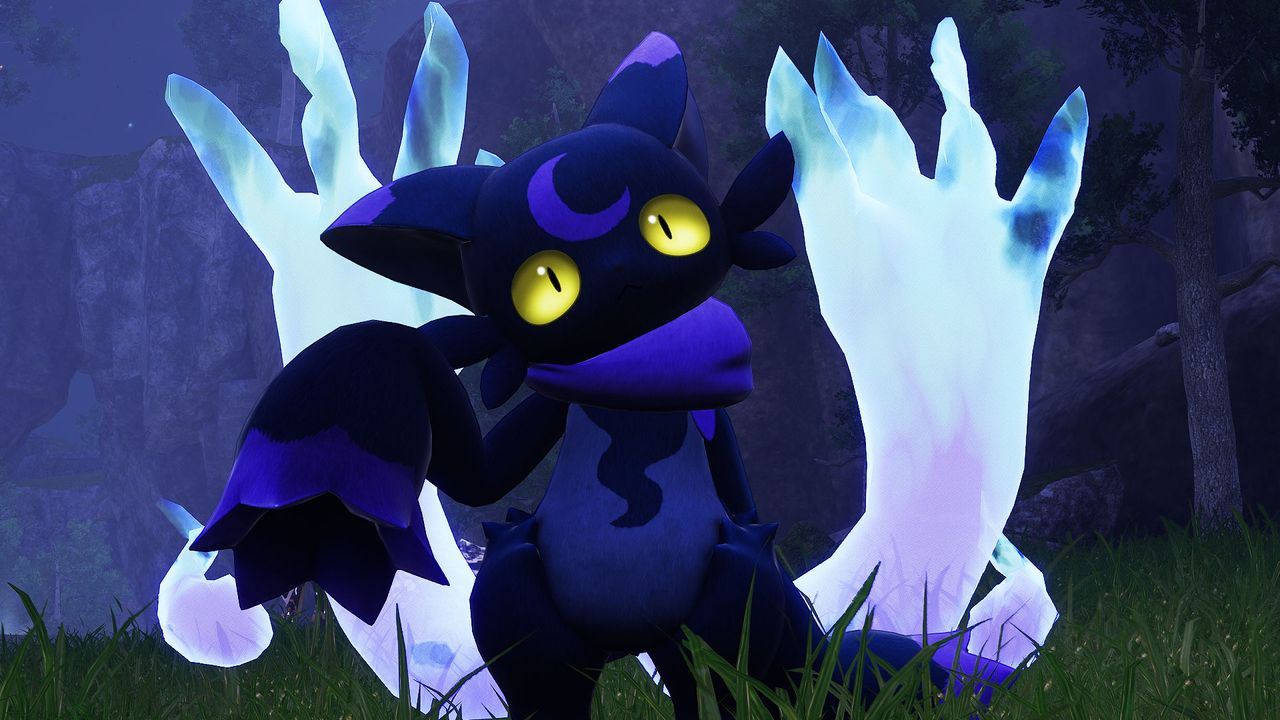 Palworld - Wispaw, a flox-like black and blue creature with a crescent moon on its forehead and yellow cat eyes
