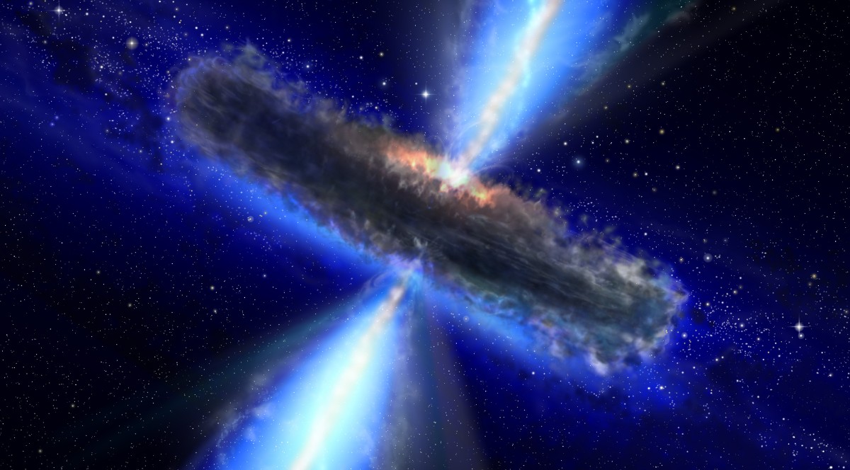 An artists impression of active galactic nucleus showing a dense cloudy disk with two beams of light stretching out from the center.