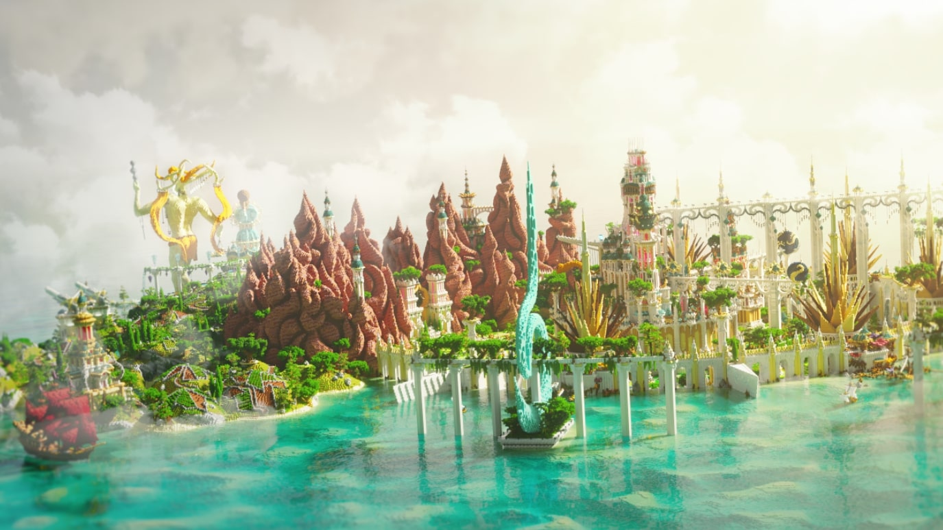 One of the best Minecraft builds showing a fantasy city surrounded by water