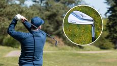 A golfer holds their finish on an iron shot and an inset of a Mizuno MP-5 iron