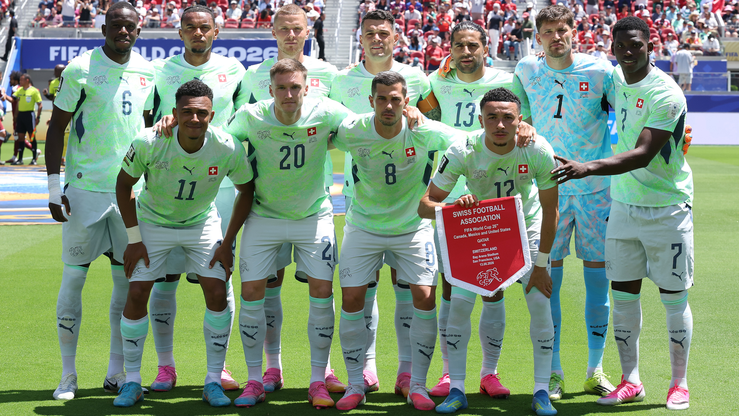 The Switzerland team line up before the game vs Qatar at the World Cup 2026