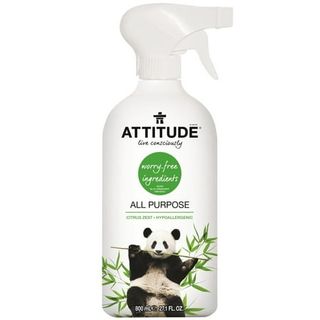 A white spray bottle of all-purpose cleaner with a picture of a panda on the front. 