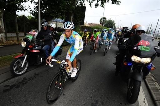 Alberto Contador (Astana) surrounded by press motorcycles on his rest day.