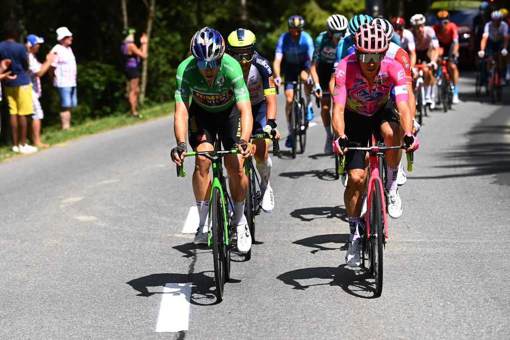 CHTEL LES PORTES DU SOLEIL FRANCE JULY 10 LR Wout Van Aert of Belgium and Team Jumbo Visma Green Points Jersey and Rigoberto Uran Uran of Colombia and Team EF Education Easypost compete in the breakaway during the 109th Tour de France 2022 Stage 9 a 1929km stage from Aigle to Chtel les portes du Soleil 1299m TDF2022 WorldTour on July 10 2022 in Chtel les portes du Soleil France Photo by Tim de WaeleGetty Images
