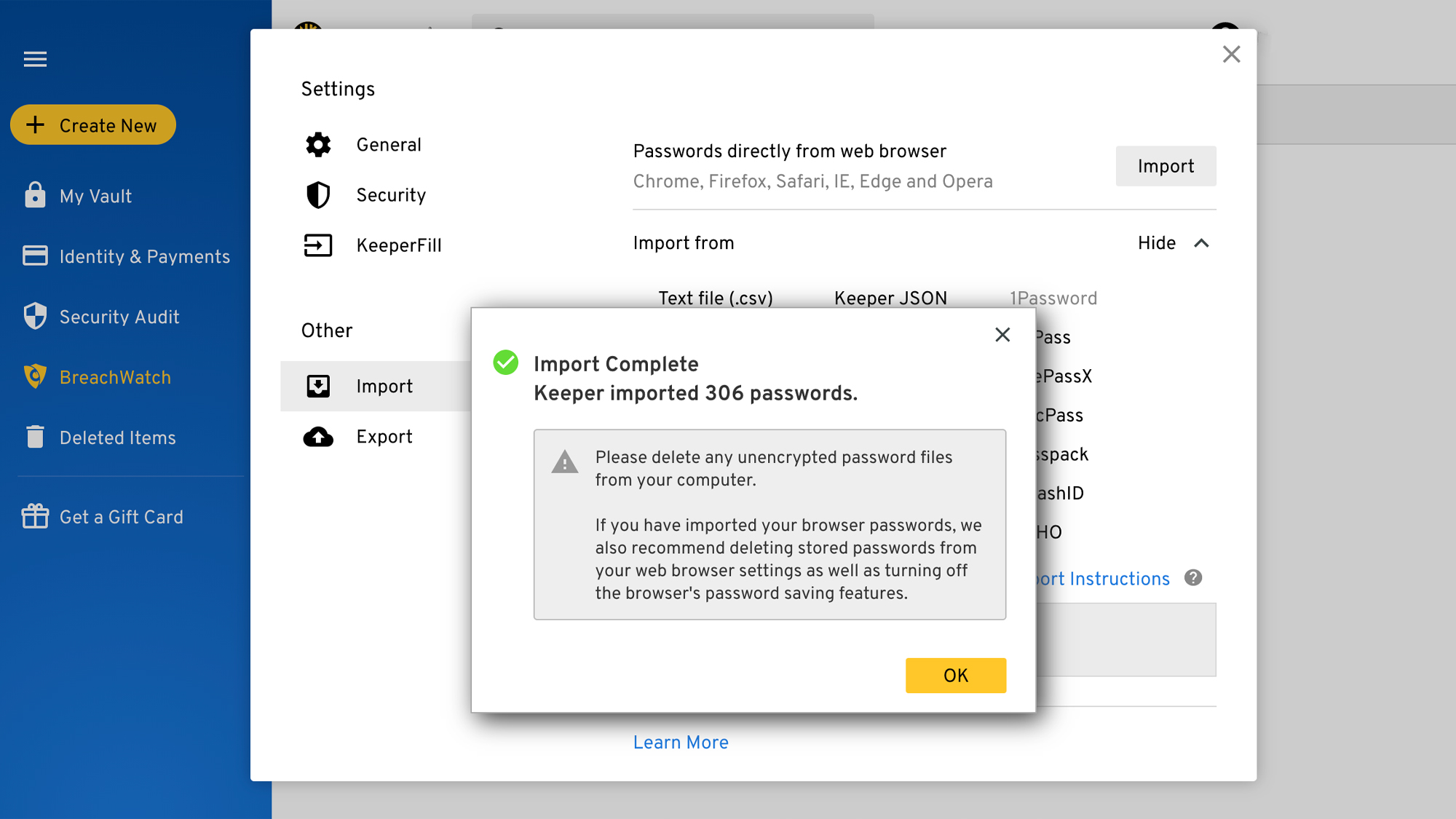 Keeper password manager settings
