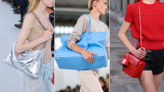 Three models walking down the catwalk illustrating the handbag trends 2024