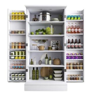 Freestanding white pantry opened up to reveal 5 shelves and door storage with rails and lots of neat uniform canister of food and kitchen appliances and utensils