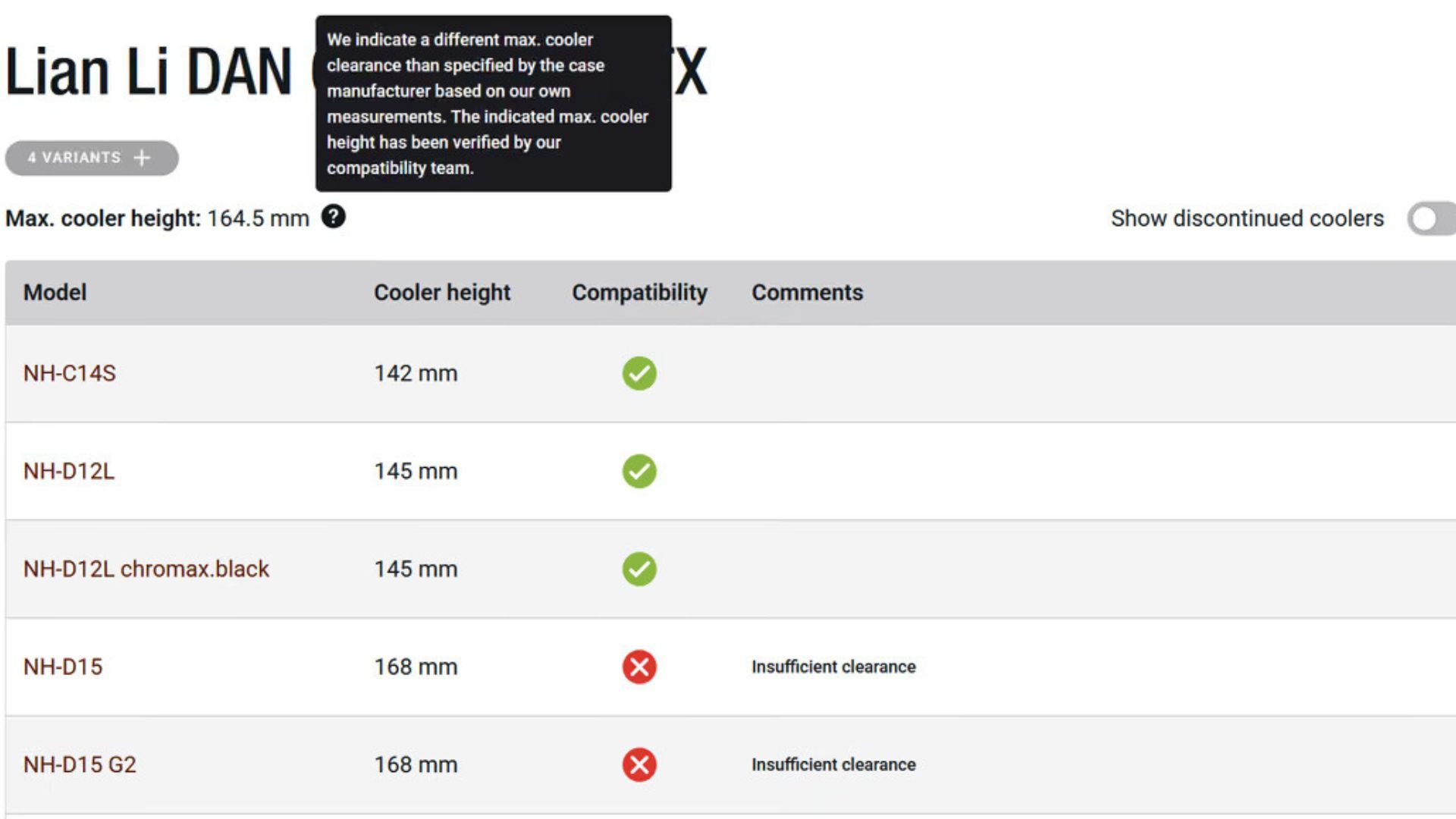 A screenshot from Noctua's new case compatibility database