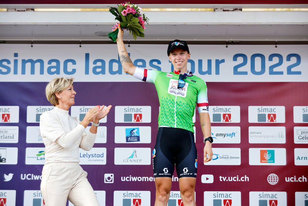 EDE NETHERLANDS AUGUST 31 Lorena Wiebes of Netherlands and Team DSM celebrates winning the Green points jersey on the podium ceremony after 25th Simac Ladies Tour 2022 Stage 2 a 1178km stage from Ede to Ede SLT2022 UCIWWT on August 31 2022 in Ede Netherlands Photo by Bas CzerwinskiGetty Images