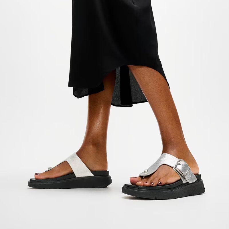 GEN-FF Buckle Metallic Tumbled-Leather Toe-Post Sandals on model