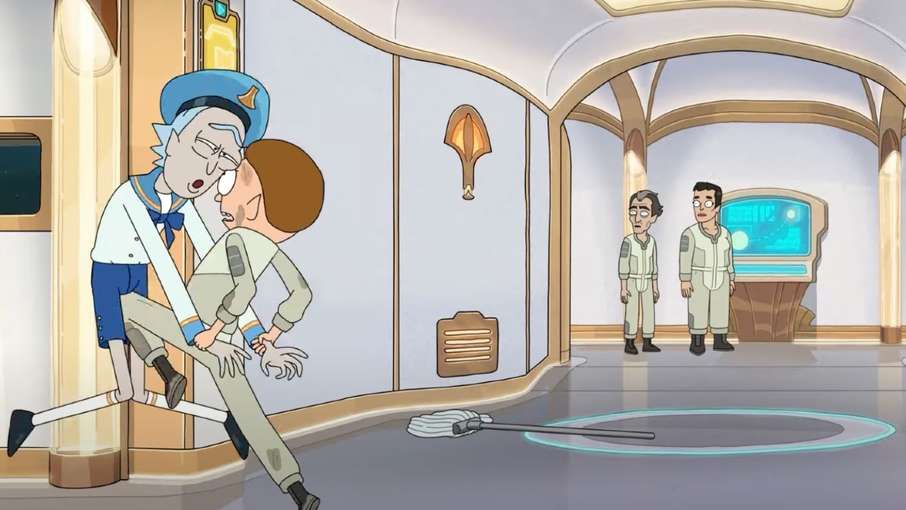 Morty kicking Rick in the groin while people watch.