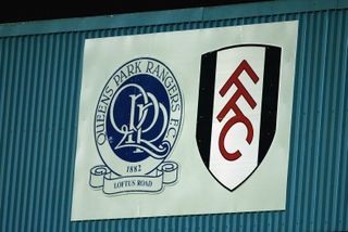 Queens Park Rangers and Fulham logos on show at Loftus Road ahead of a game between Fulham and Tottenham in September 2002.