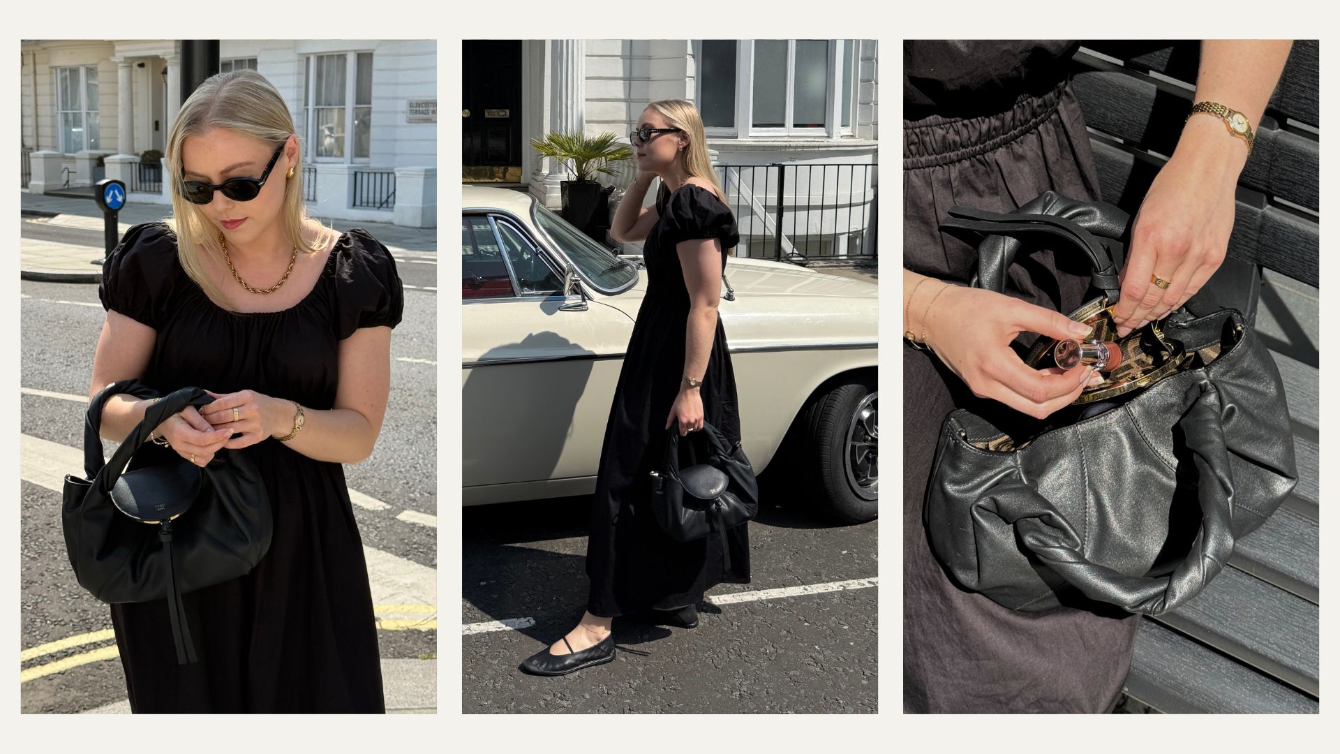 Three images of woman carrying the new Fendi Spy Bag in black