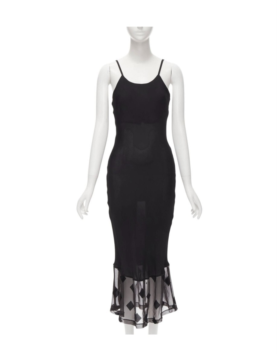 Comme Des Garcons 1992 Vintage Black Slip Dress Sheer Diamond Hem Size S