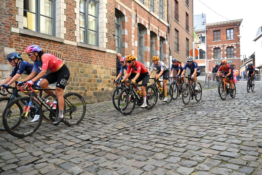 BINCHE BELGIUM OCTOBER 03 LR Charlotte Kool of The Netherlands and Team DSMFirmenich Eugenia Bujak of Slovenia and UAE Team Adq Chiara Consonni of Italy and UAE Team Adq Susanne Andersen of Norway and UnoX Pro Cycling Team and Anniina Ahtosalo of Finland and UnoX Pro Cycling Team compete during the 3rd Binche Chimay Binche pour Dames 2023 a 1172km one day race from Chimay to Binche UCIWWT on October 03 2023 in Binche Belgium Photo by Luc ClaessenGetty Images