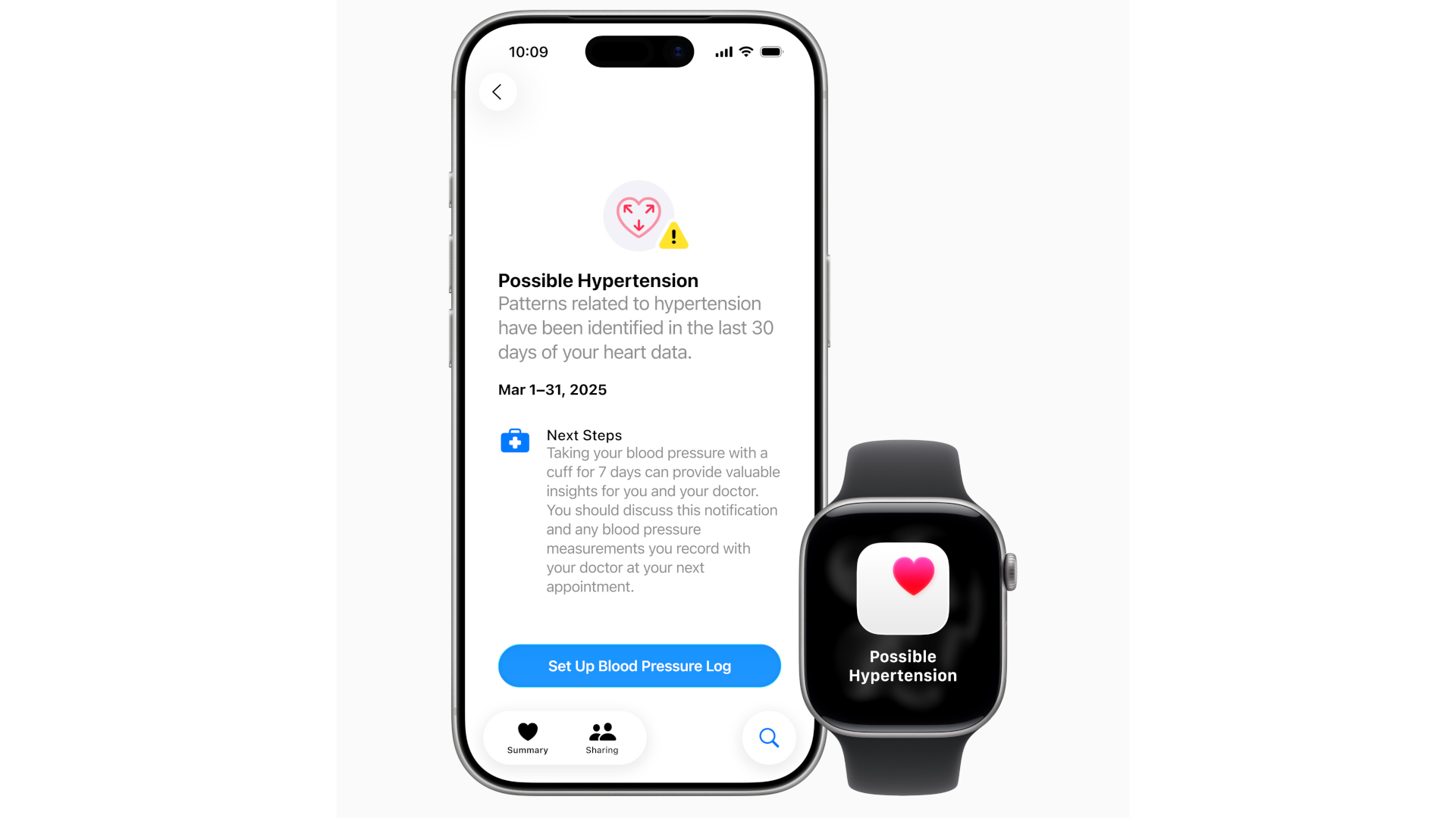 A render of the Apple Watch Series 11 showing a &quot;possible hypertension&quot; pop-up, with an iPhone next to it showing more details on &quot;patterns related to hypertension&quot; from the last 30 days of heart data.