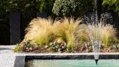 fountain ideas for gardens and backyards: fountain in pond with gravel and slate