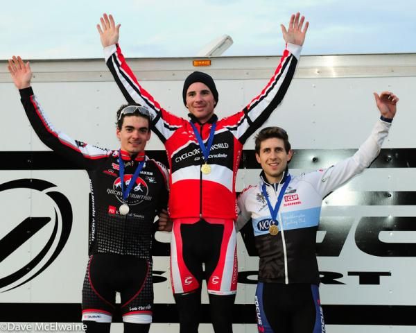 Men&rsquo;s Podium (L to R) Raphael Gagne (Rocky Mountain) 2nd, Dylan McNicholas (Cyclocrossworld.com) 1st, Jeremy Durrin (JAM Fund/NCC) 3rd