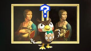 ACNH Blathers in front of art