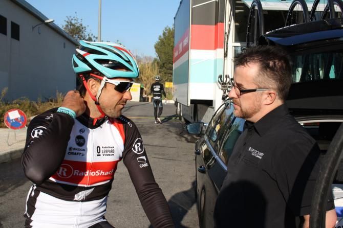 Hayden Roulston has a quick word with a Trek member of staff about his bike