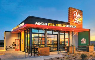 The outside of an El Pollo Loco restaurant at sunset, which is now powered by Navori Labs digital signage.