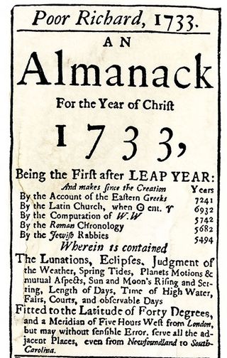 Title page of Poor Richards Almanack published by Benjamin Franklin 1733. Woodcut with a watercolor wash