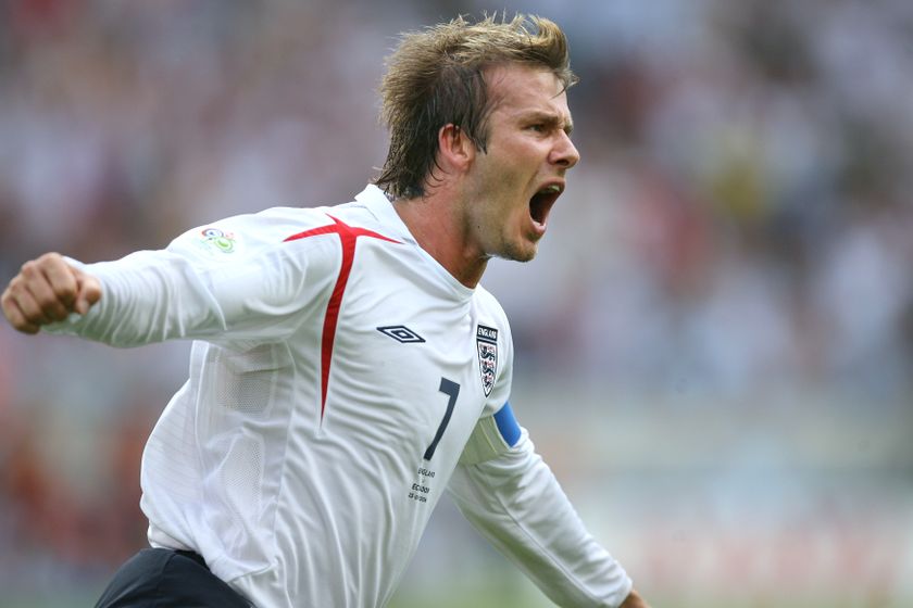 David Beckham celebrates after scoring a free-kick for England against Ecuador at the 2006 World Cup.